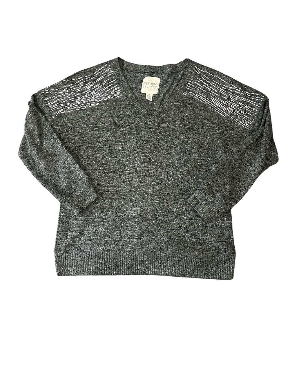 New York Laundry Gray V-Neck Sweater with Embellished Shoulders sz M